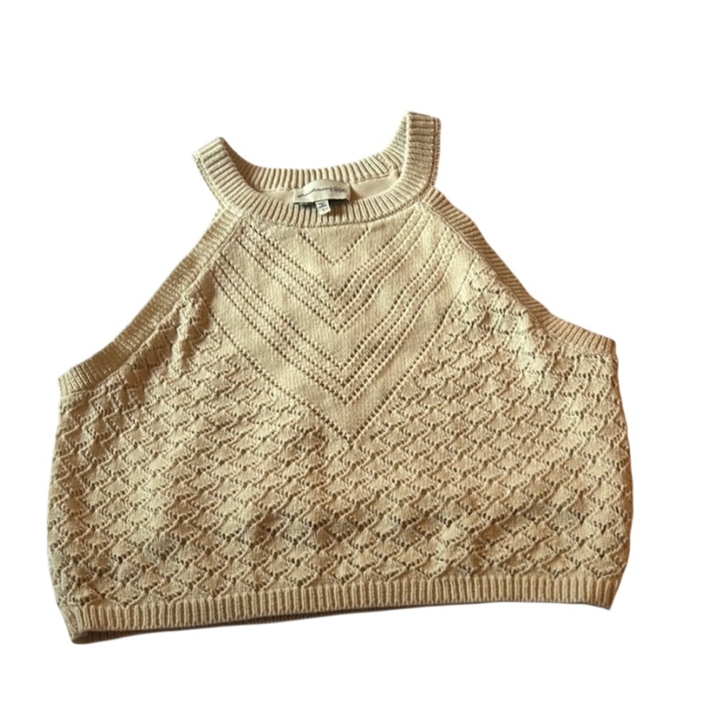 Freshman 1996 Retro High Neck Cream Knit Sleeveless Cropped Sweater Top SZ L EUC - Picture 3 of 8